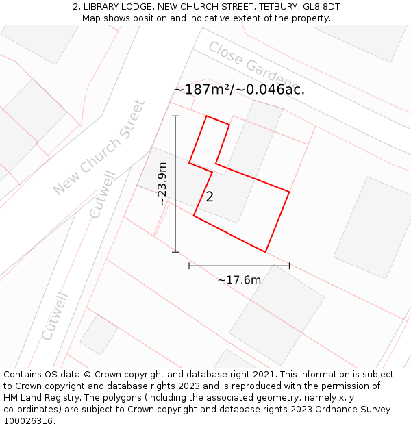 2, LIBRARY LODGE, NEW CHURCH STREET, TETBURY, GL8 8DT: Plot and title map