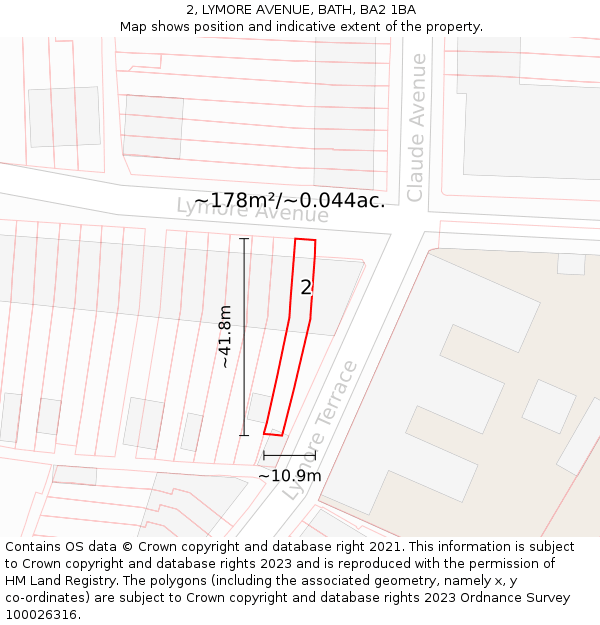 2, LYMORE AVENUE, BATH, BA2 1BA: Plot and title map