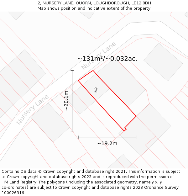 2, NURSERY LANE, QUORN, LOUGHBOROUGH, LE12 8BH: Plot and title map