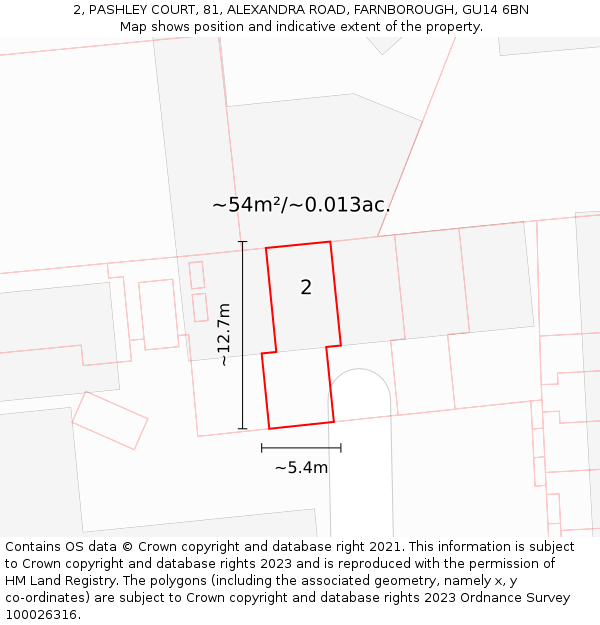 2, PASHLEY COURT, 81, ALEXANDRA ROAD, FARNBOROUGH, GU14 6BN: Plot and title map