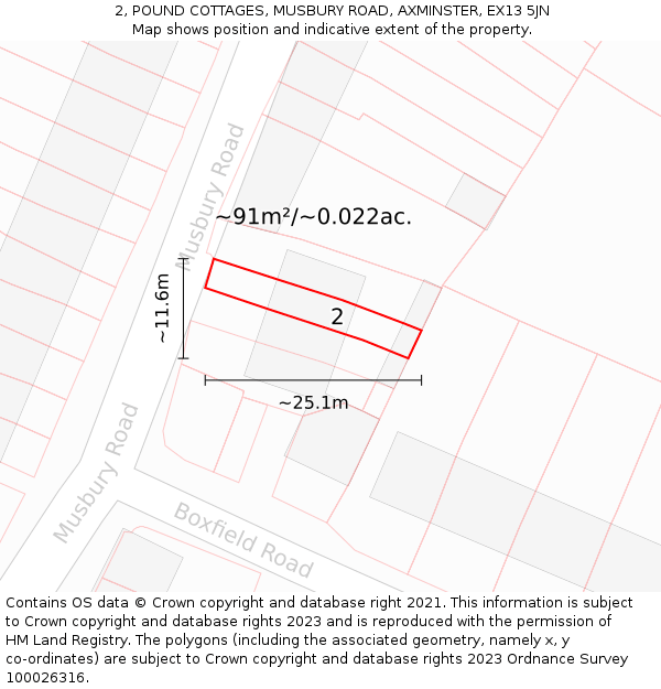 2, POUND COTTAGES, MUSBURY ROAD, AXMINSTER, EX13 5JN: Plot and title map
