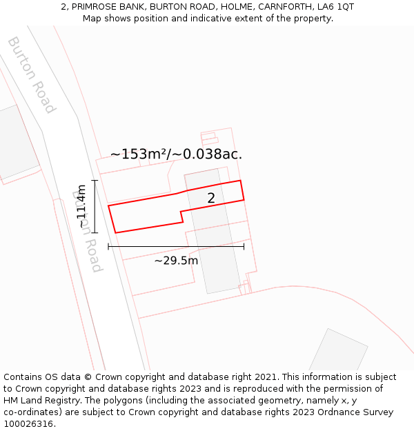 2, PRIMROSE BANK, BURTON ROAD, HOLME, CARNFORTH, LA6 1QT: Plot and title map