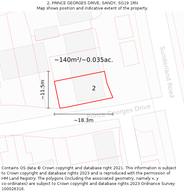 2, PRINCE GEORGES DRIVE, SANDY, SG19 1RN: Plot and title map