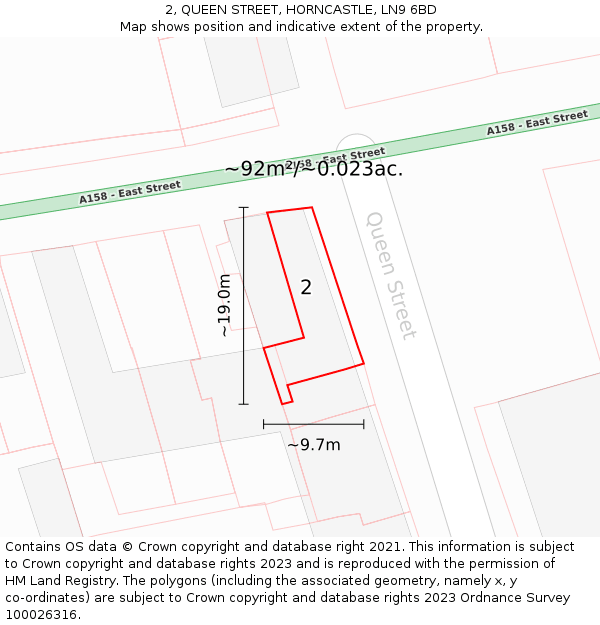 2, QUEEN STREET, HORNCASTLE, LN9 6BD: Plot and title map