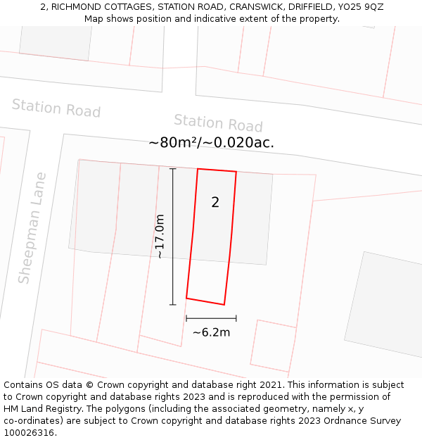2, RICHMOND COTTAGES, STATION ROAD, CRANSWICK, DRIFFIELD, YO25 9QZ: Plot and title map