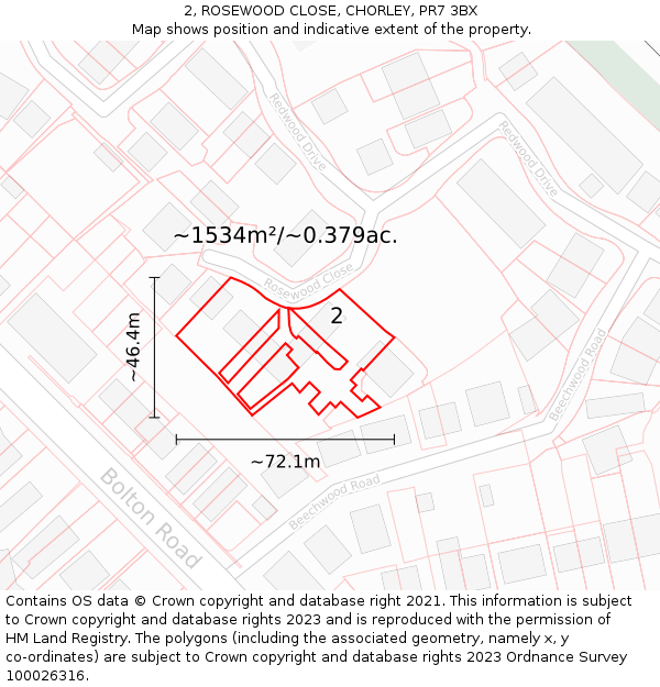 2, ROSEWOOD CLOSE, CHORLEY, PR7 3BX: Plot and title map