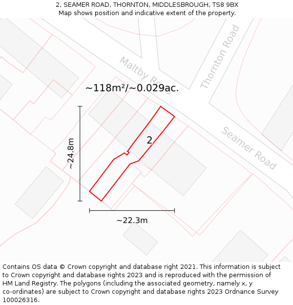 2, SEAMER ROAD, THORNTON, MIDDLESBROUGH, TS8 9BX: Plot and title map