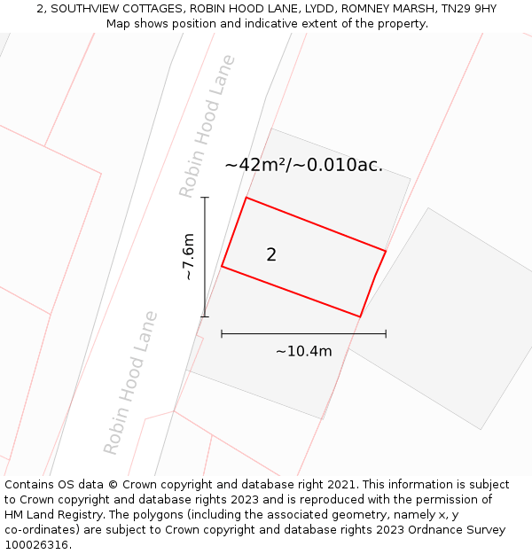 2, SOUTHVIEW COTTAGES, ROBIN HOOD LANE, LYDD, ROMNEY MARSH, TN29 9HY: Plot and title map
