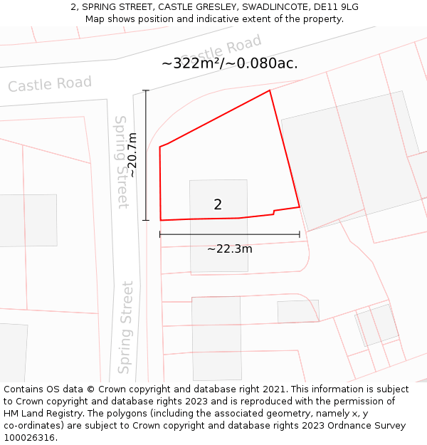 2, SPRING STREET, CASTLE GRESLEY, SWADLINCOTE, DE11 9LG: Plot and title map