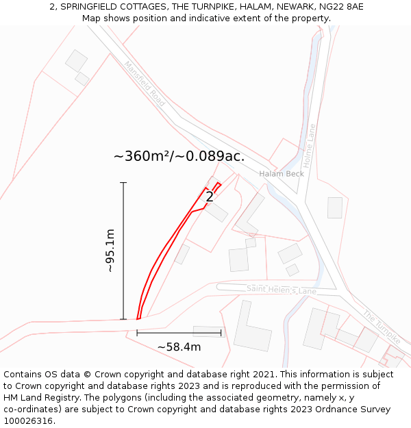 2, SPRINGFIELD COTTAGES, THE TURNPIKE, HALAM, NEWARK, NG22 8AE: Plot and title map