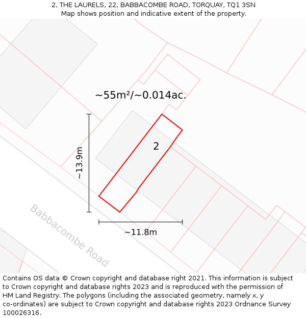 2, THE LAURELS, 22, BABBACOMBE ROAD, TORQUAY, TQ1 3SN: Plot and title map