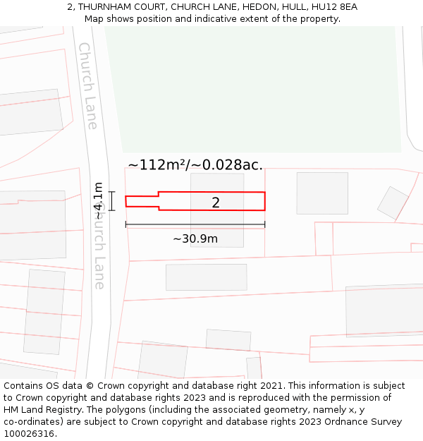 2, THURNHAM COURT, CHURCH LANE, HEDON, HULL, HU12 8EA: Plot and title map