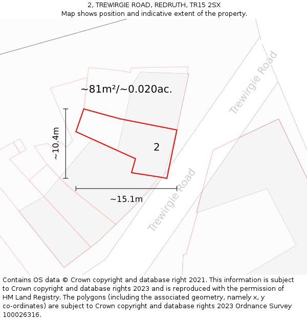2, TREWIRGIE ROAD, REDRUTH, TR15 2SX: Plot and title map
