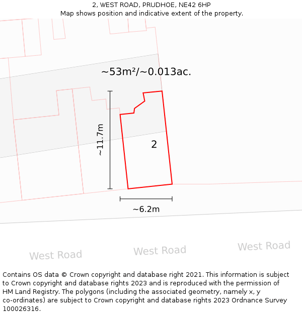 2, WEST ROAD, PRUDHOE, NE42 6HP: Plot and title map