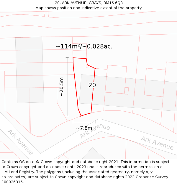 20, ARK AVENUE, GRAYS, RM16 6QR: Plot and title map