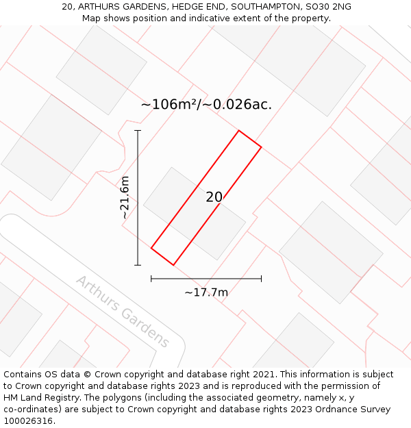 20, ARTHURS GARDENS, HEDGE END, SOUTHAMPTON, SO30 2NG: Plot and title map