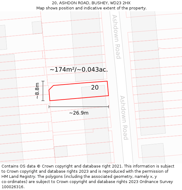20, ASHDON ROAD, BUSHEY, WD23 2HX: Plot and title map