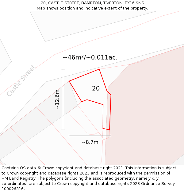 20, CASTLE STREET, BAMPTON, TIVERTON, EX16 9NS: Plot and title map