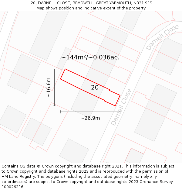 20, DARNELL CLOSE, BRADWELL, GREAT YARMOUTH, NR31 9FS: Plot and title map