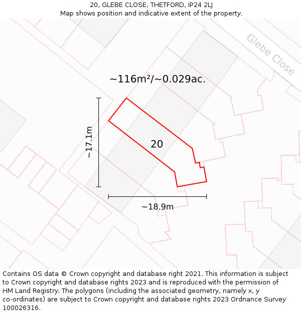 20, GLEBE CLOSE, THETFORD, IP24 2LJ: Plot and title map