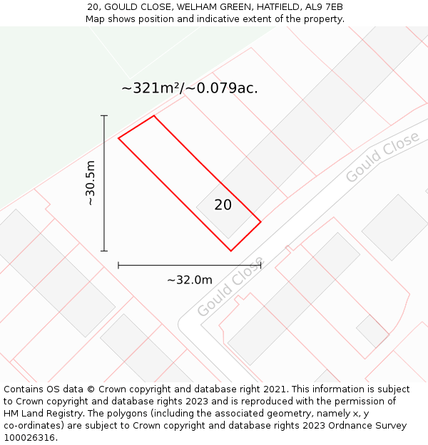 20, GOULD CLOSE, WELHAM GREEN, HATFIELD, AL9 7EB: Plot and title map