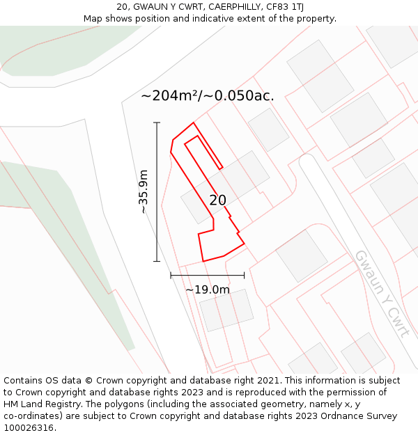 20, GWAUN Y CWRT, CAERPHILLY, CF83 1TJ: Plot and title map