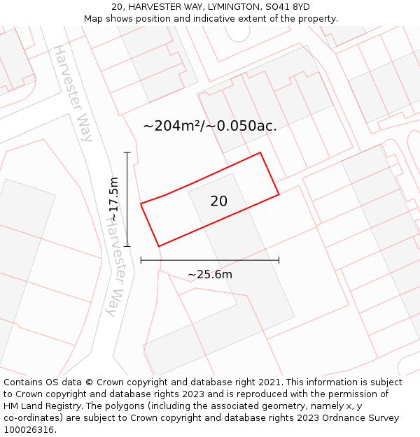 20, HARVESTER WAY, LYMINGTON, SO41 8YD: Plot and title map