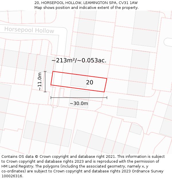 20, HORSEPOOL HOLLOW, LEAMINGTON SPA, CV31 1AW: Plot and title map