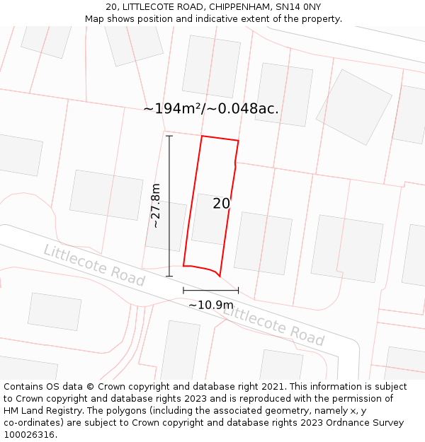 20, LITTLECOTE ROAD, CHIPPENHAM, SN14 0NY: Plot and title map
