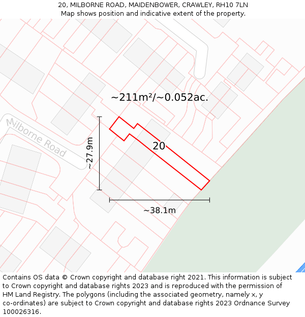 20, MILBORNE ROAD, MAIDENBOWER, CRAWLEY, RH10 7LN: Plot and title map