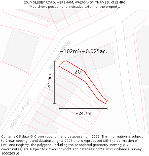 20, MOLESEY ROAD, HERSHAM, WALTON-ON-THAMES, KT12 4RQ: Plot and title map