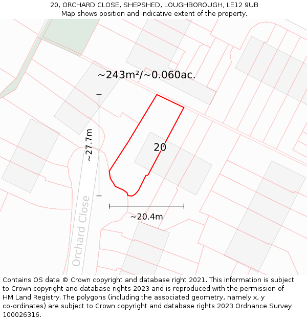 20, ORCHARD CLOSE, SHEPSHED, LOUGHBOROUGH, LE12 9UB: Plot and title map