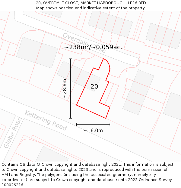 20, OVERDALE CLOSE, MARKET HARBOROUGH, LE16 8FD: Plot and title map