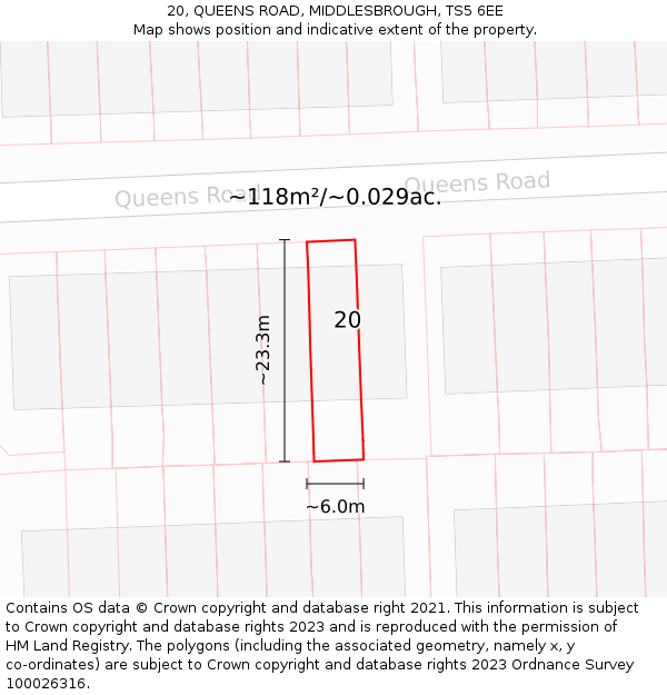 20, QUEENS ROAD, MIDDLESBROUGH, TS5 6EE: Plot and title map
