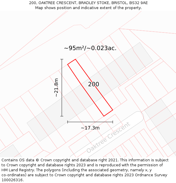 200, OAKTREE CRESCENT, BRADLEY STOKE, BRISTOL, BS32 9AE: Plot and title map