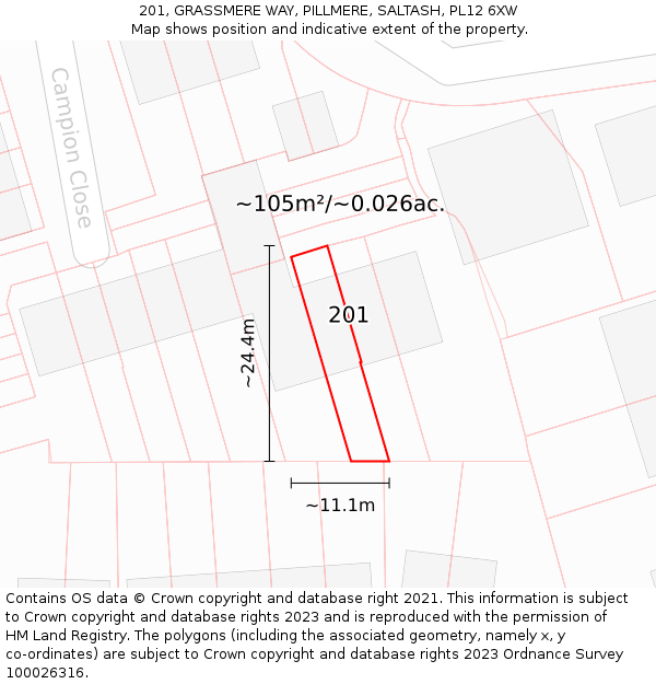 201, GRASSMERE WAY, PILLMERE, SALTASH, PL12 6XW: Plot and title map