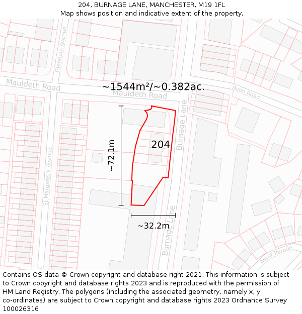 204, BURNAGE LANE, MANCHESTER, M19 1FL: Plot and title map