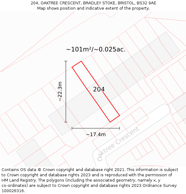 204, OAKTREE CRESCENT, BRADLEY STOKE, BRISTOL, BS32 9AE: Plot and title map