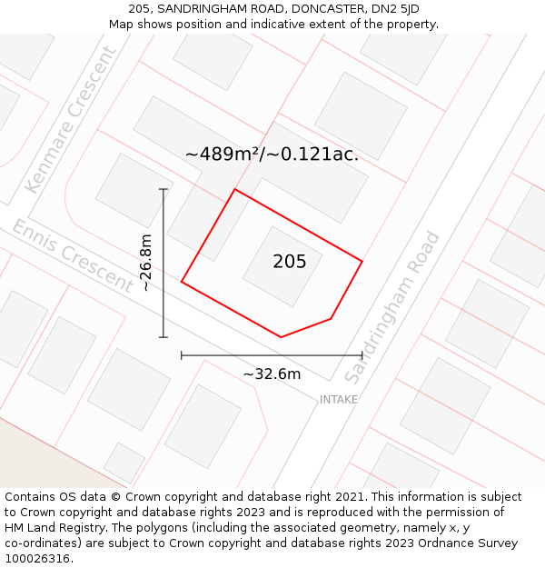 205, SANDRINGHAM ROAD, DONCASTER, DN2 5JD: Plot and title map