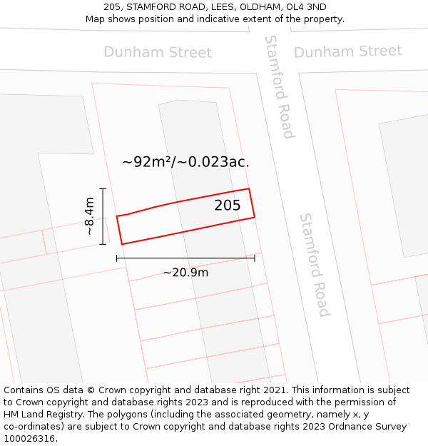 205, STAMFORD ROAD, LEES, OLDHAM, OL4 3ND: Plot and title map
