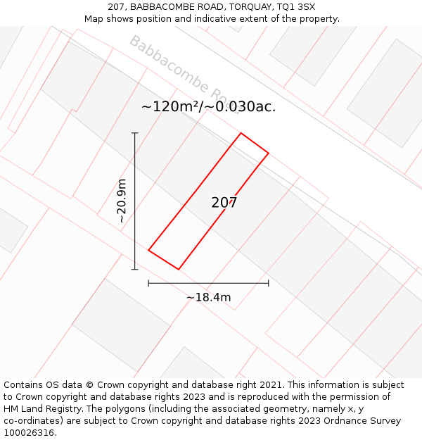 207, BABBACOMBE ROAD, TORQUAY, TQ1 3SX: Plot and title map