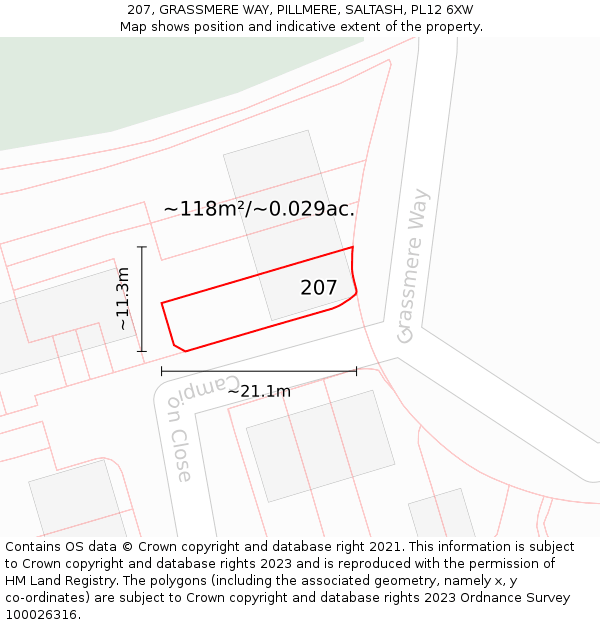 207, GRASSMERE WAY, PILLMERE, SALTASH, PL12 6XW: Plot and title map