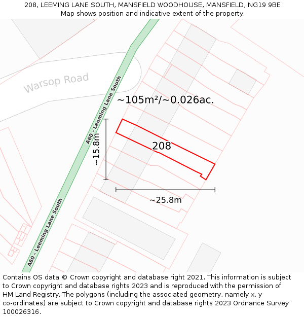208, LEEMING LANE SOUTH, MANSFIELD WOODHOUSE, MANSFIELD, NG19 9BE: Plot and title map