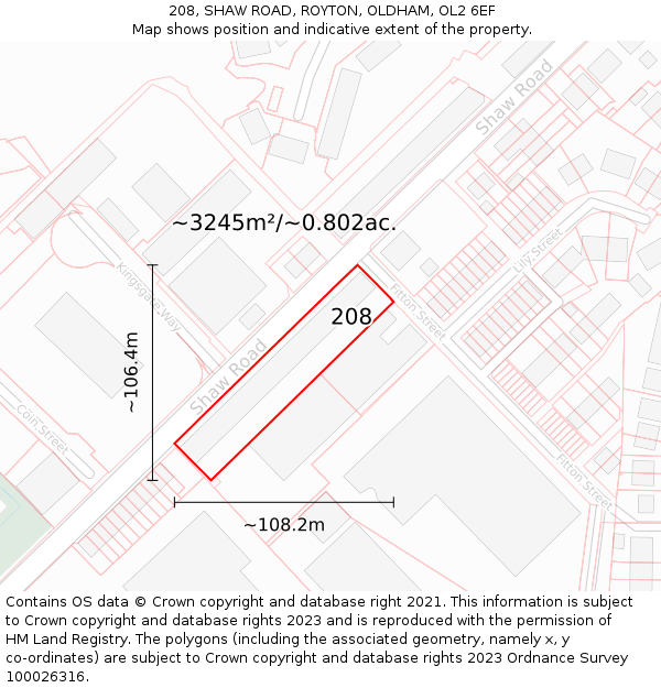 208, SHAW ROAD, ROYTON, OLDHAM, OL2 6EF: Plot and title map