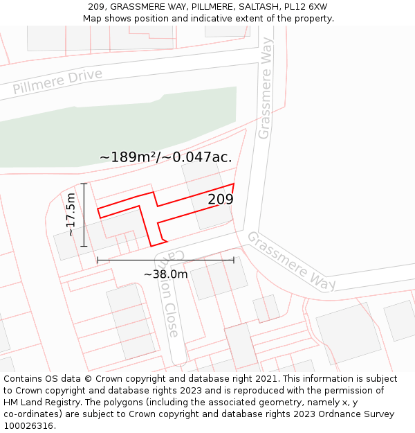 209, GRASSMERE WAY, PILLMERE, SALTASH, PL12 6XW: Plot and title map