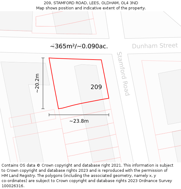 209, STAMFORD ROAD, LEES, OLDHAM, OL4 3ND: Plot and title map