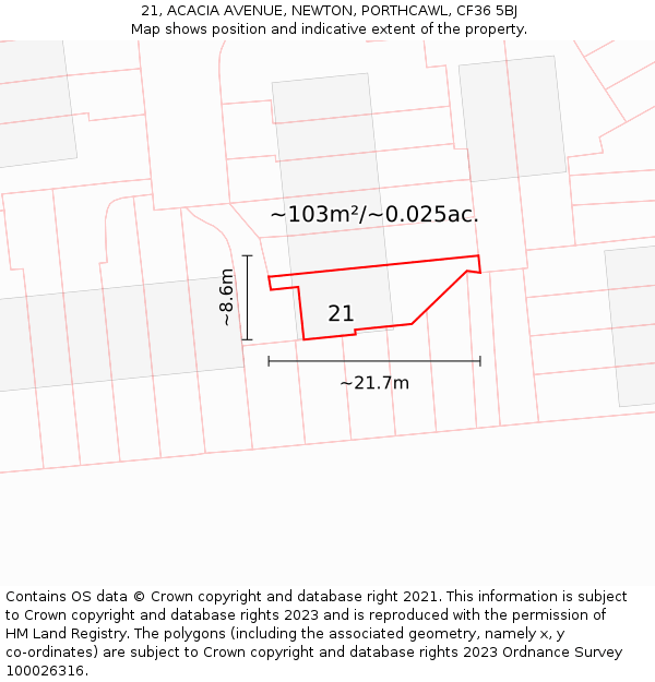 21, ACACIA AVENUE, NEWTON, PORTHCAWL, CF36 5BJ: Plot and title map