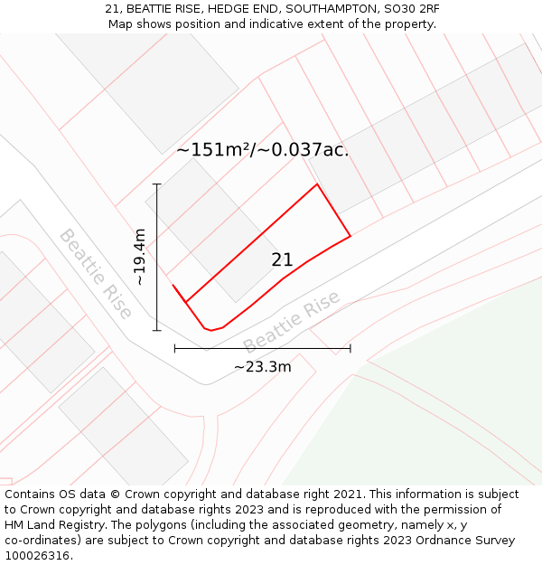 21, BEATTIE RISE, HEDGE END, SOUTHAMPTON, SO30 2RF: Plot and title map