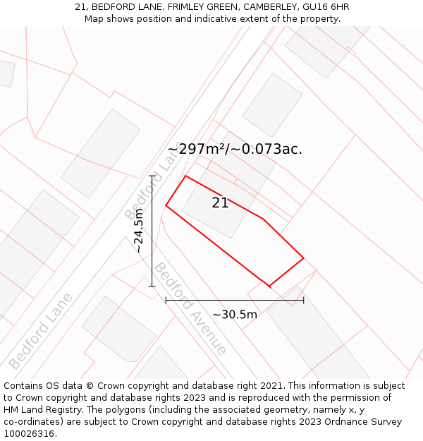 21, BEDFORD LANE, FRIMLEY GREEN, CAMBERLEY, GU16 6HR: Plot and title map