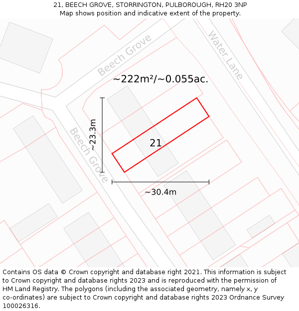 21, BEECH GROVE, STORRINGTON, PULBOROUGH, RH20 3NP: Plot and title map